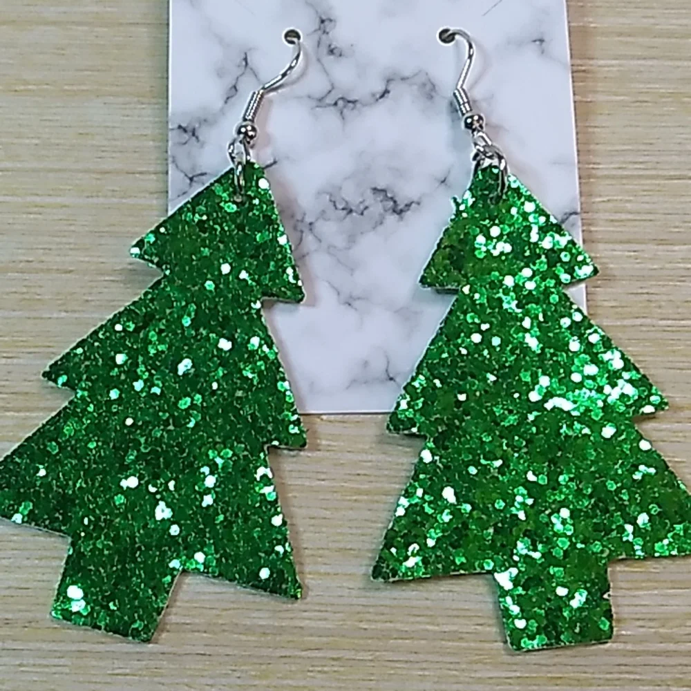 1.5 x 3 inches punched fake leather Holiday Tree Green Glitter